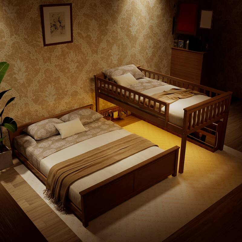 Kids Bunk Bed Frame with Integrated Shelving, Light Strip and Pegboard, Convertible into Floor Platform Bed and Low Loft Bed