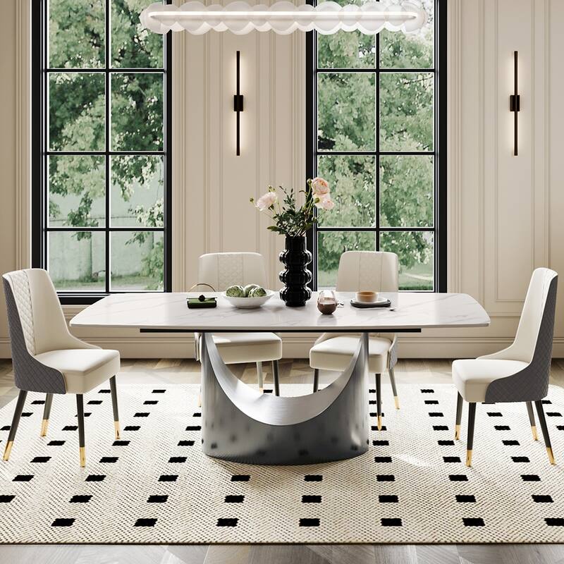 63"-94" Hobart Modern Dining Table with Rectangular Sintered Stone Tabletop and Carbon Steel Leg for 4-10