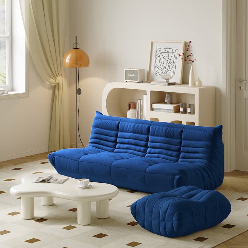 3 Seats Comfy Lazy Floor Sofa Couch with Ottoman - Blue