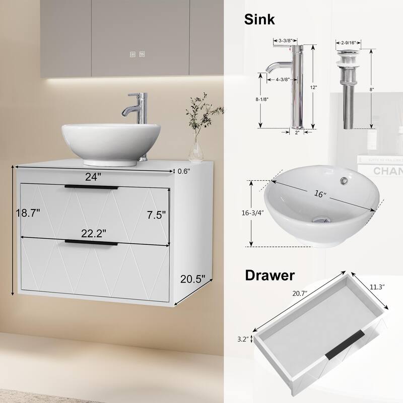 Modern Wall Mounted Bathroom Vanity Set with Vessel Sink & Faucet