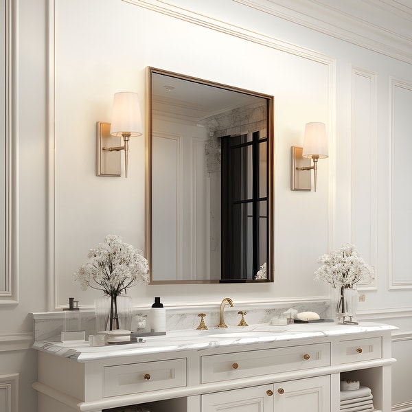 Laluz Modern 3 Light Gold Bathroom Vanity Light Fabric Wall Sconces L15 inch 2 Light L 15 inchx W 6.5 inchx H 12 inch Brushed Painted 13 to 24