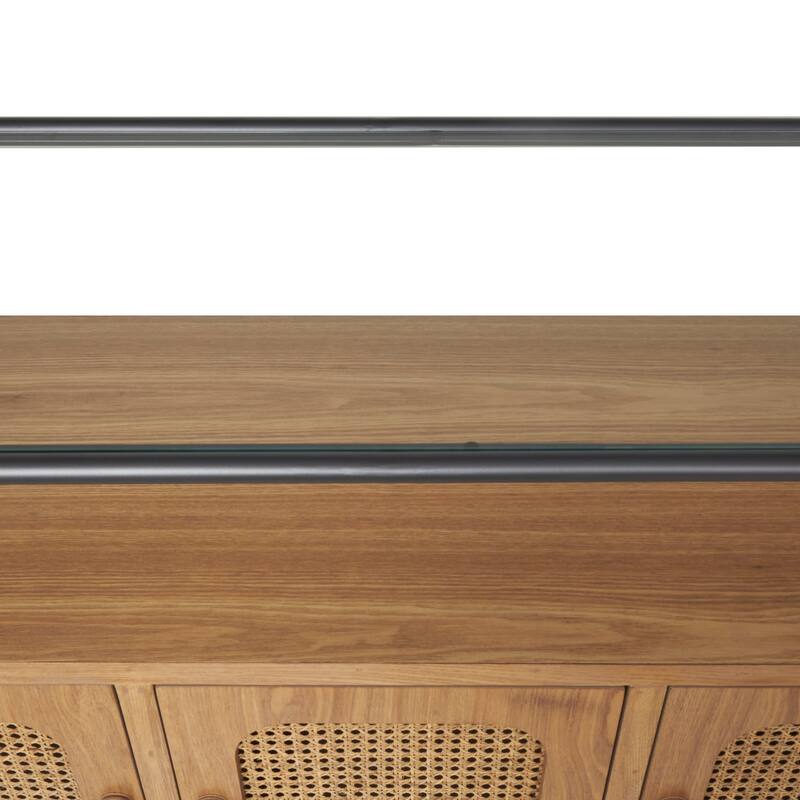 Brown Wooden Living Room Coffee Table with Cane Front Drawers and Gray Metal Frame