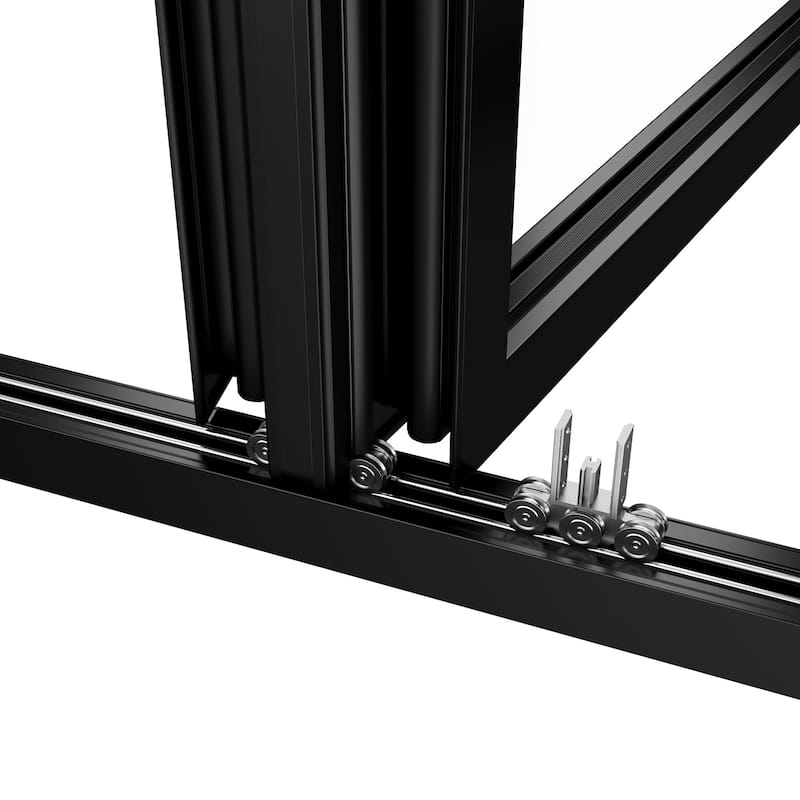 KaMic Elite-Fold 72" x 96" 2-Panel Aluminum Folding Door in Black with Hidden Hinges & Rollers, Folded Out From Left To Right