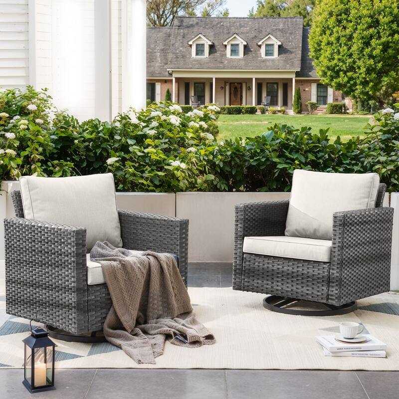 Pocassy Patio Swivel Chair with Soft Cushion - Grey Wicker Beige Cushion - 2PCS Swivel Chairs