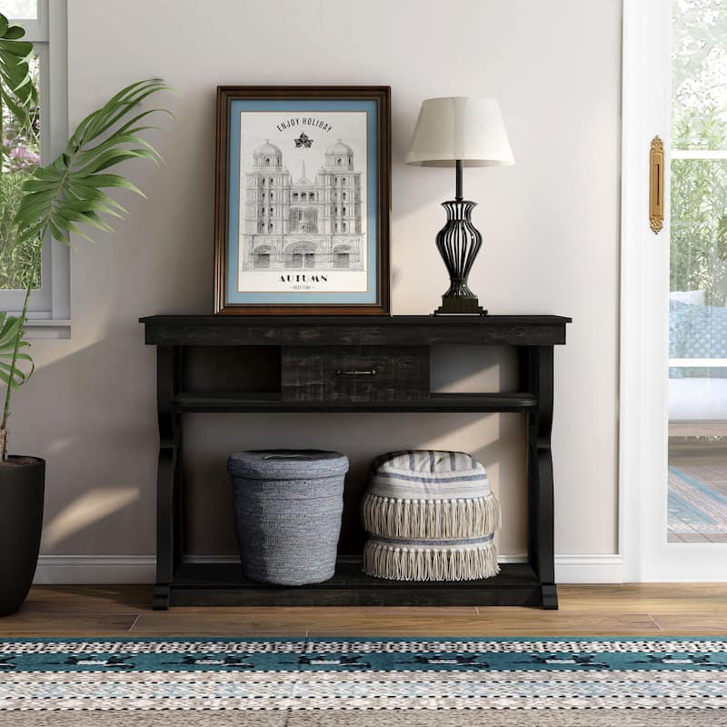 DH BASIC Farmhouse Black Oak 47-inch 3-Open Shelf Console Table by Denhour