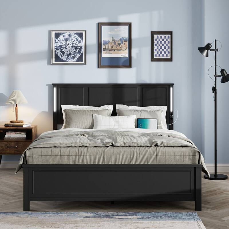Platform Bed Frame with Wood Headboard and Footboard,Charging Station and LED Lights