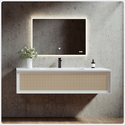 Nets 44 in. Natural Oak/White SS Bath Vanity with Solid Surface Top