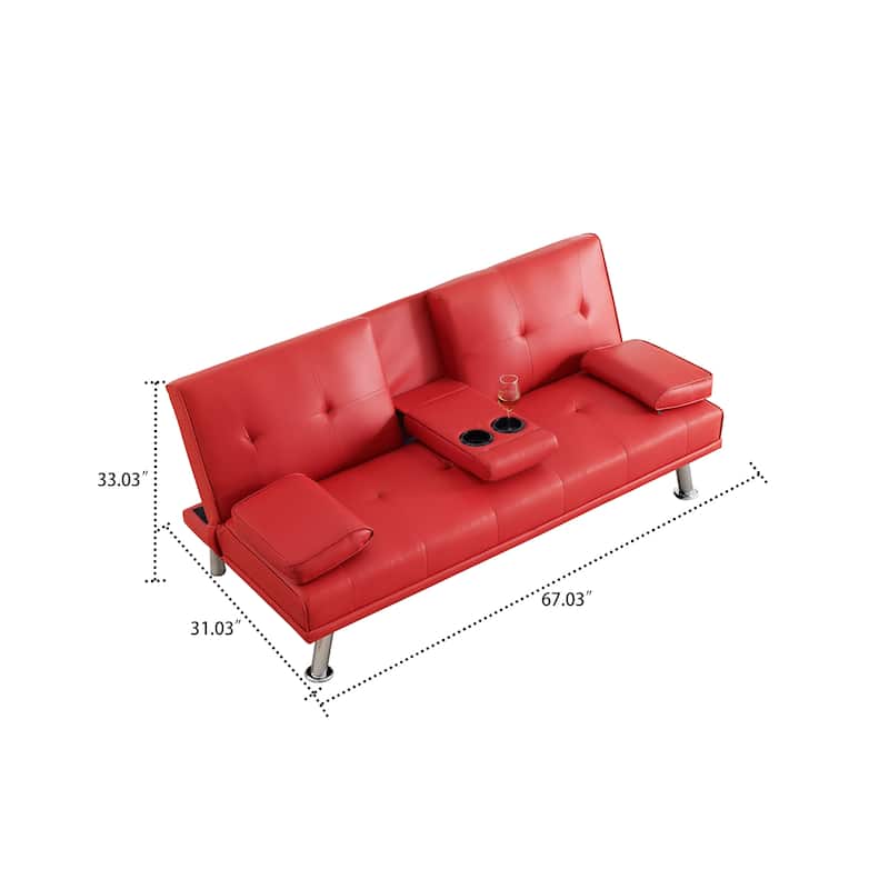 Classic PVC Leather Upholstered Convertible Futo Sofa Bed with Cup Holders