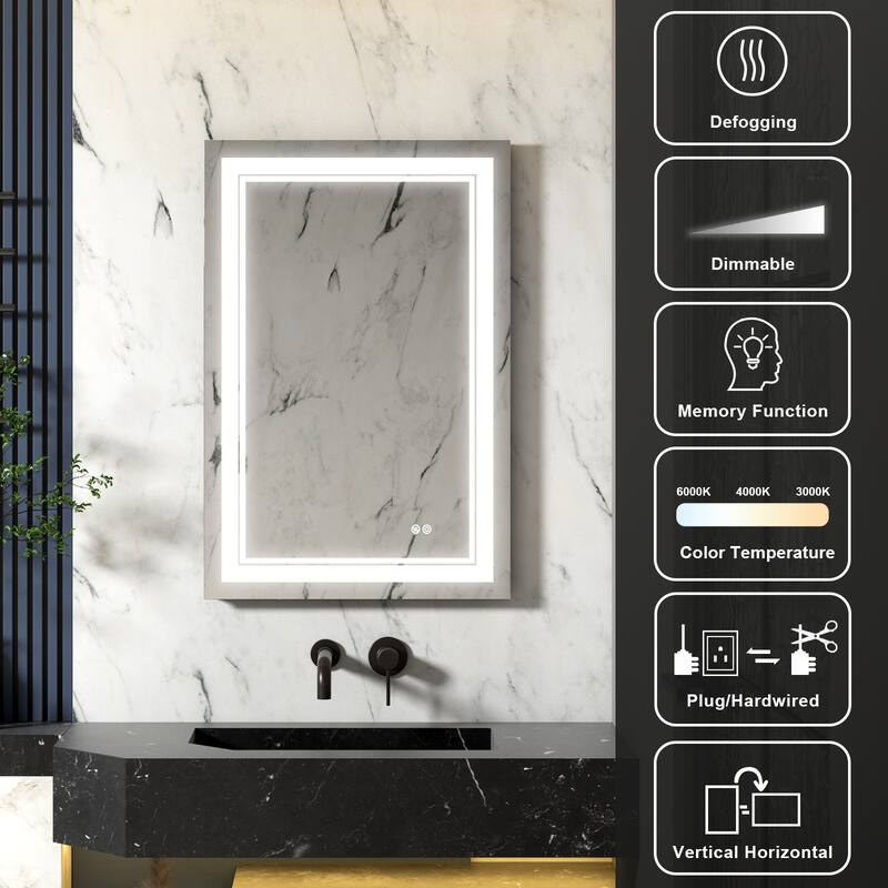 Retangular Wall Mounted LED Bathroom Mirror With Touch Switch Memory Mirror Anti-Fog (Horizontal/Vertical)