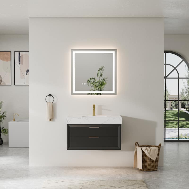 Modland 36/48/60 Inch Black Floating Bathroom Vanity with ETL LED Lights & Soft-Close Drawers, Waterproof Rubberwood