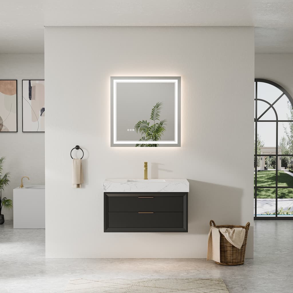 Modland 36/48/60 Inch Black Floating Bathroom Vanity with ETL LED Lights & Soft-Close Drawers, Waterproof Rubberwood