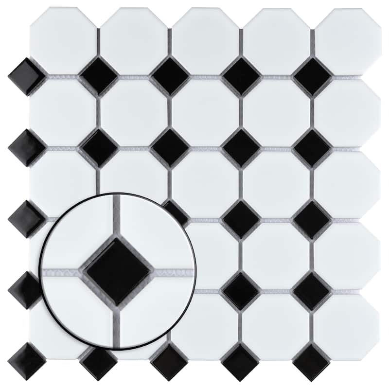 Merola Tile Metro Octagon Matte White w/Black Dot 11.5" x 11.5" Porcelain Mosaic