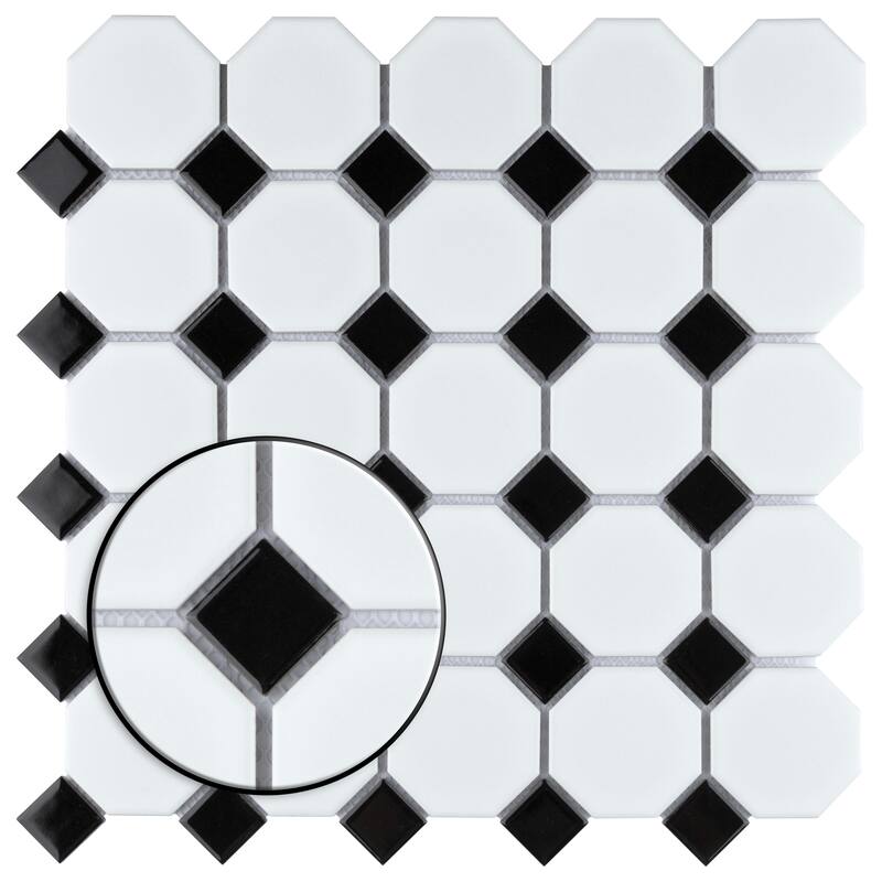 Merola Tile Metro Octagon Matte White w/Black Dot 11.5" x 11.5" Porcelain Mosaic