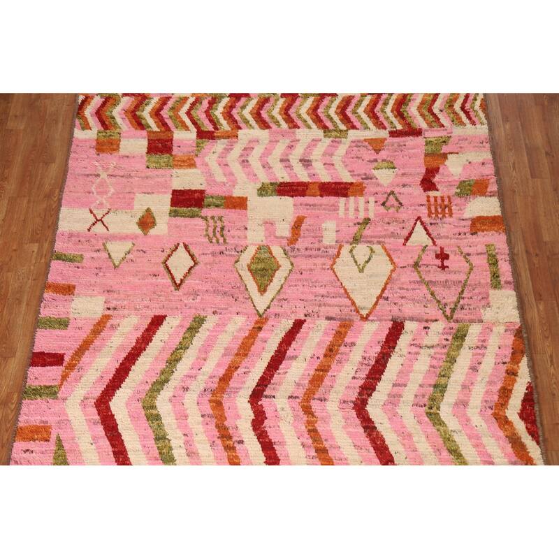 Hand Knotted Oriental 100% Wool Carpet Modern Tribal Pink Moroccan Area Rug - 9' 10'' X 6' 5''