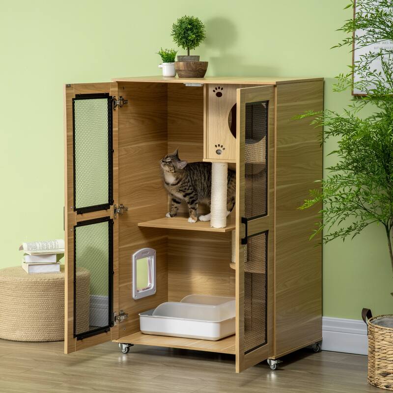 PawHut Luxury Cat House with Wheels, Kitty Cage Catio Villa for Indoor Cats with Scratching Posts - Oak