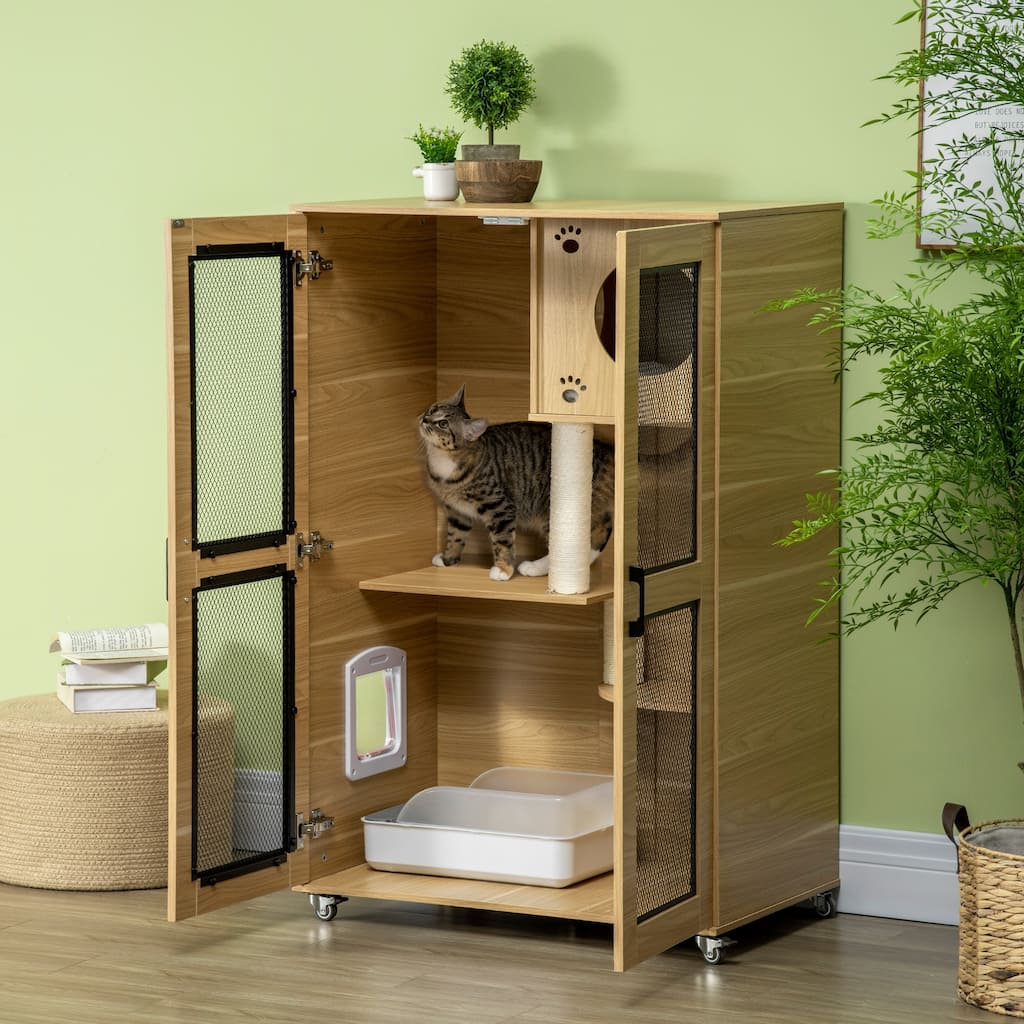 Oak Particle Board Cat Cabinet with Platforms, Scratcher and Cushion