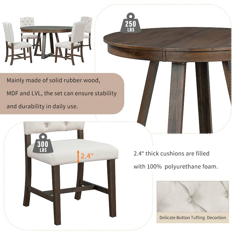 5-Piece Dining Table Set with 4 Upholstered Chairs, 16" Leaf Dining Table, Solid Wood & MDF, for Small Spaces and Dining Rooms