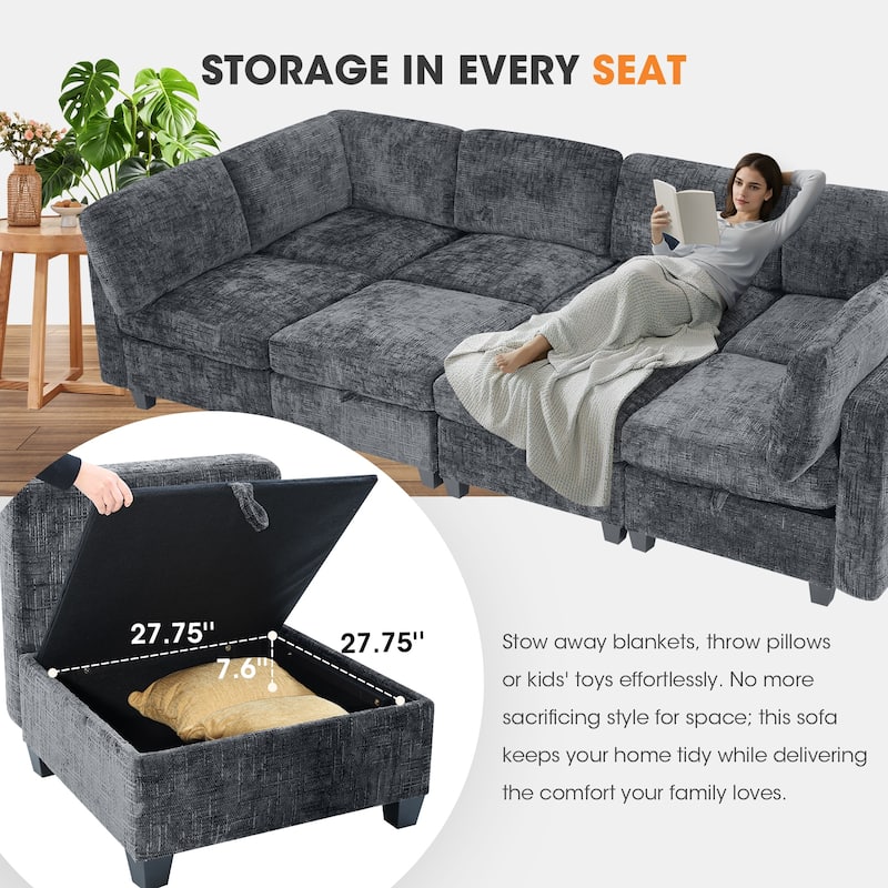 GDFStudio - Chenille Fabric 8-Seat 128" Modular Sectional Sofa with Storage & Solid Wood Frame