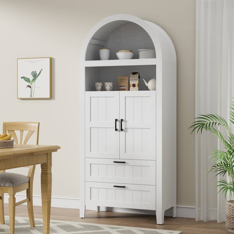 Arched Storage Cabinet Display Shelves 2 Drawers - White