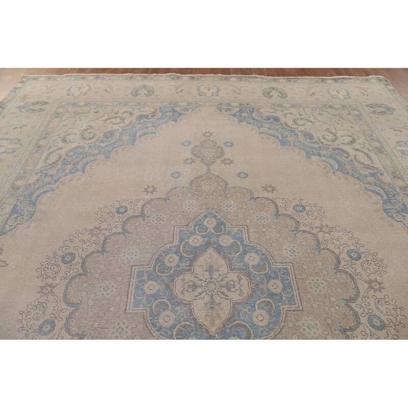 Hand Knotted Oriental 100% Wool Carpet Traditional Medallion Beige & Ivories Tabriz Area Rug - 12' 10'' X 9' 6''