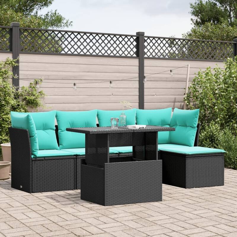 vidaXL Patio Sofa Set with Cushions Modular Outdoor Seating 6 Piece Poly Rattan - Black without storage