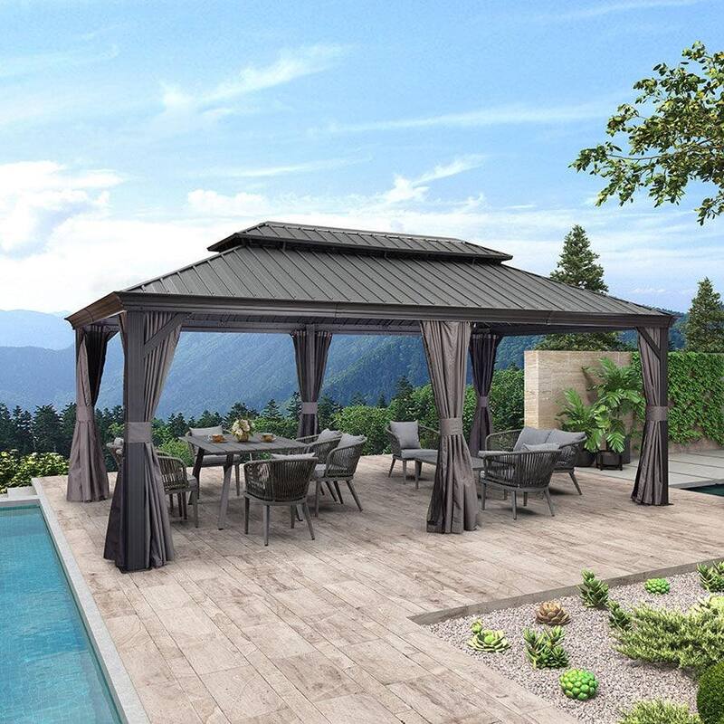 PURPLE LEAF 12' X 20' Hardtop Gazebo Outdoor Metal Double Roof Gazebo for Patio - Grey