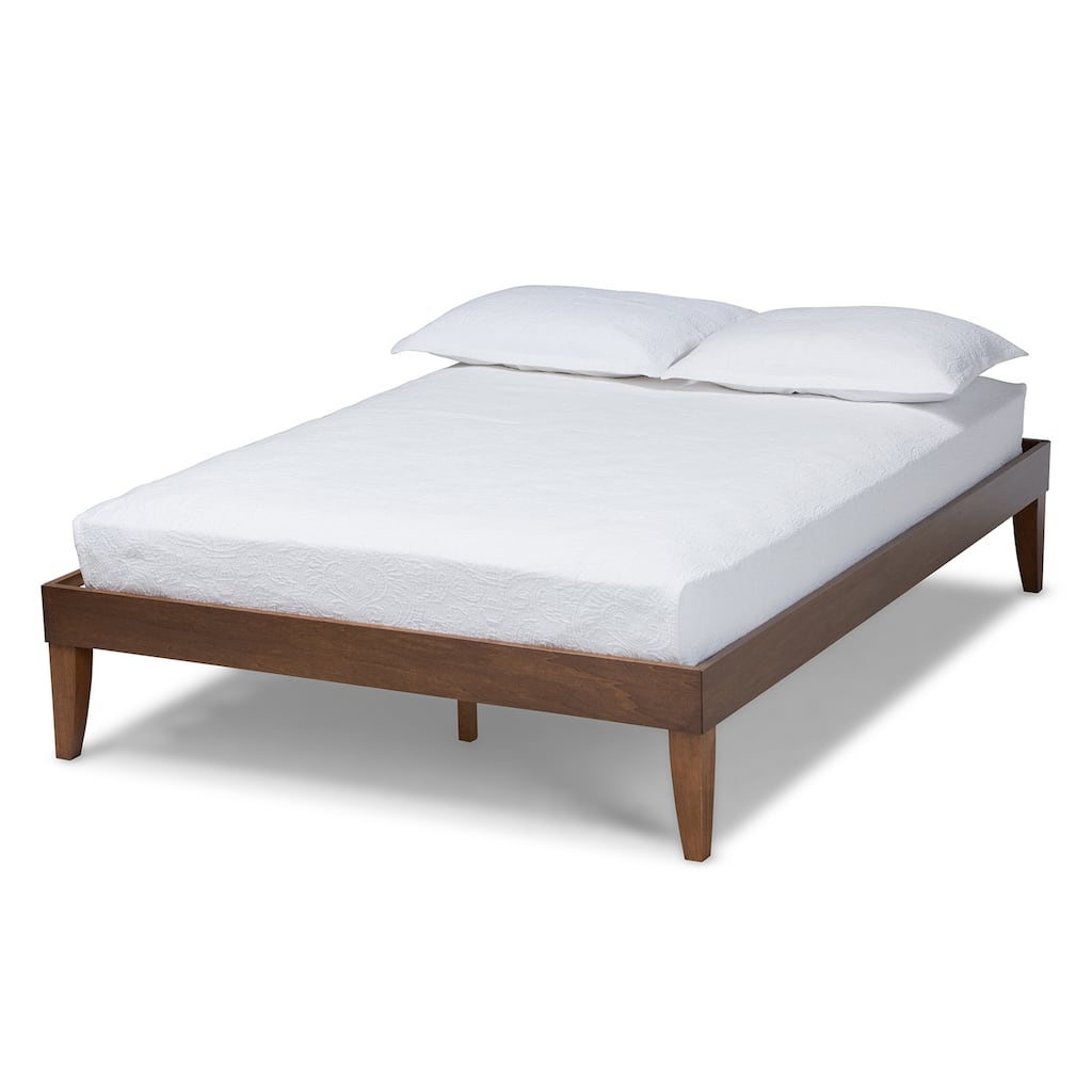 Mid-Century Modern Walnut Brown Queen Size Platform Bed with Sleek Angled Legs and Minimalist Design