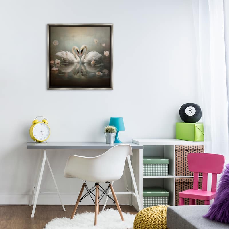 Stupell Romantic Swans in Floral Pond Framed Floater Canvas Wall Art Design By Arlington Prints