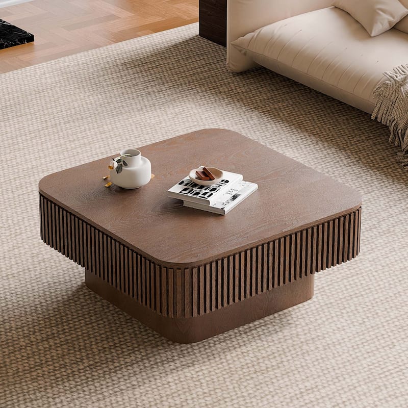 Modern Fluted Solid Wood Accent Coffee Table with Hidden Storage