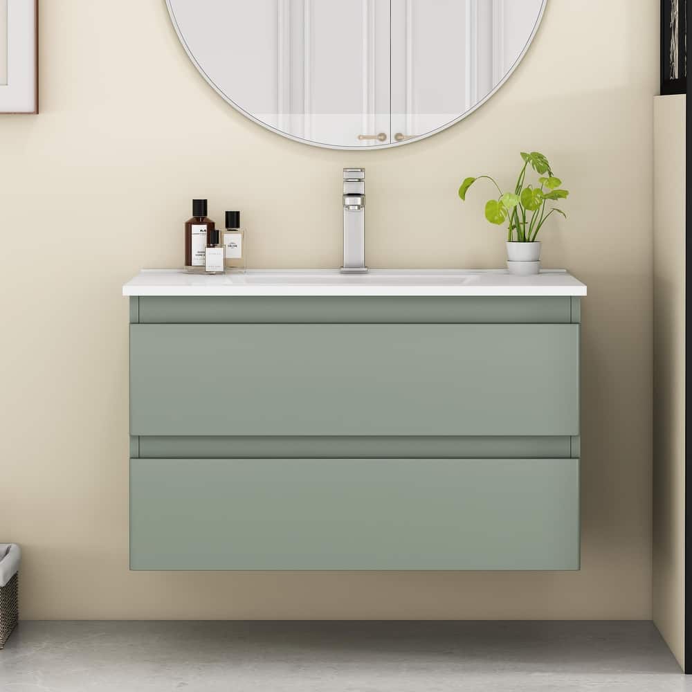 32 Inch Floating Bathroom Vanity with One-piece Ceramic Sink, Wall Mounted Cabinet with 2 Drawers