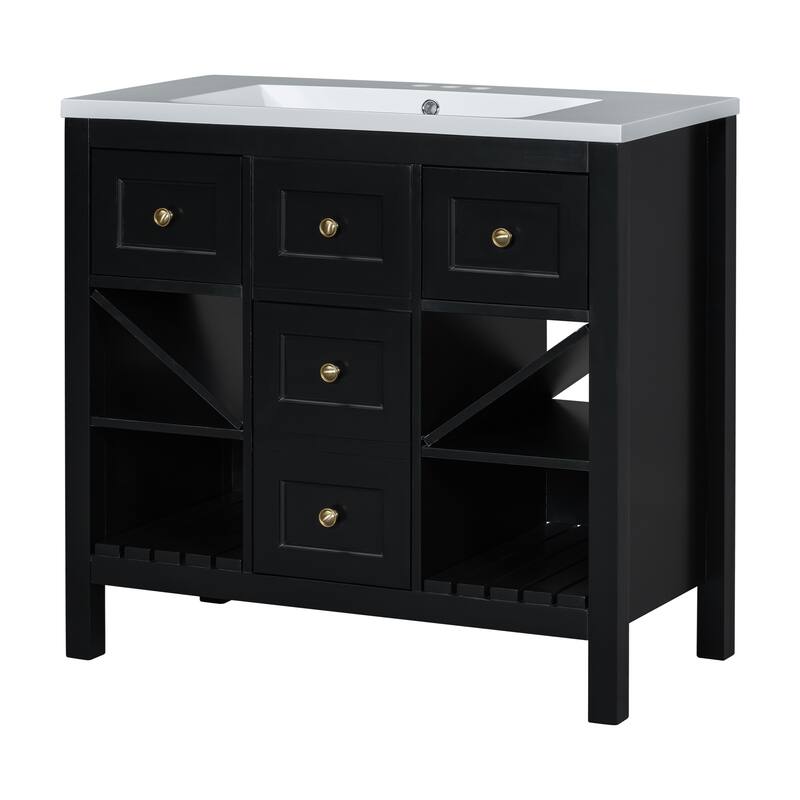 Bathroom Vanity with Resin Top Sink, Bathroom Storage Cabinet with 5 Drawers, Bathroom Vanity Set with 4 Open Shelves