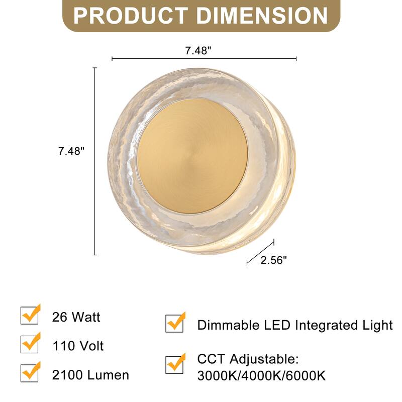 Round LED Wall Sconce Clear Textured Handblown Glass Shade Dimmable