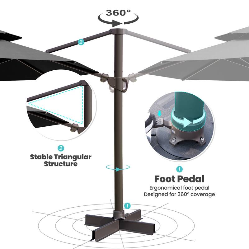 11 FT Square Outdoor Double Top Solar Powered LED Patio Cantilever Umbrella