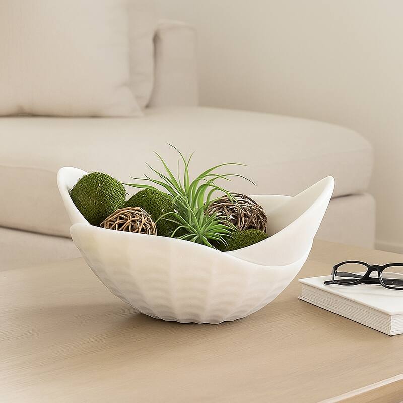 Sculptural Curved Edges Decorative Quartz Bowl-Home Decor - 17", White - 17.0"