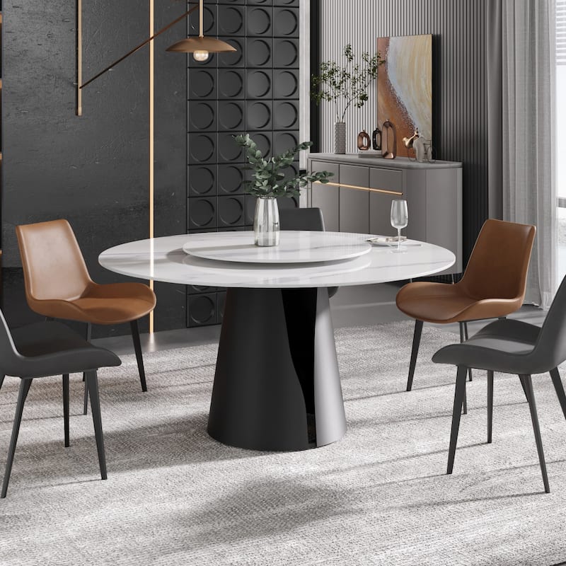 59" Round Slate Dining Table, White Marble Top with Black Metal Pedestal - White&White