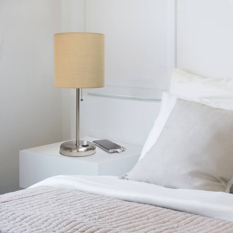 White Stick Lamp with USB charging port and Fabric Shade