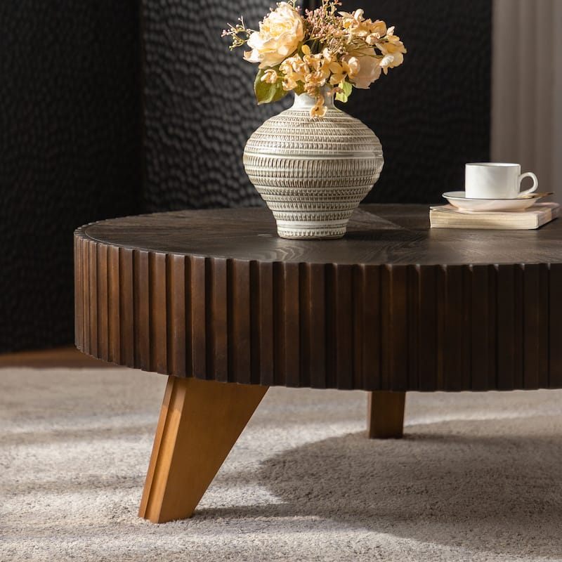 35.4 Inch Retro Round Coffee Table Multifunctional Coffee Table with 3 Solid Wood Legs for Living Room, Brown