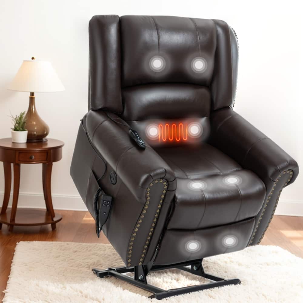 Dual Motor Genuine Leather Lift Recliners, Massage & Heat, USB Ports