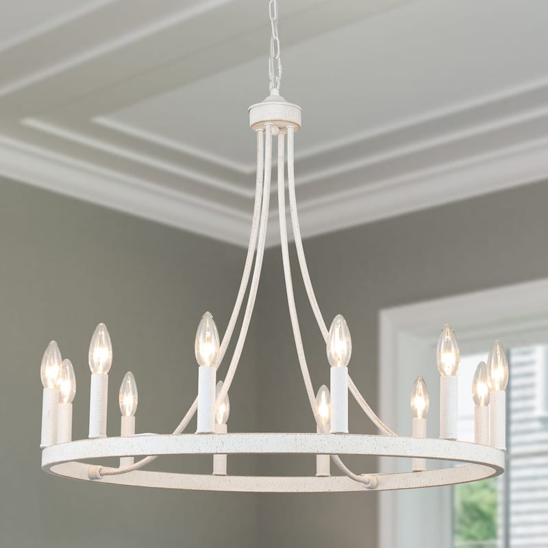 12-Light 26.77-inch Vintage Rustic Wagon Wheel Chandelier for Kitchen - Retro White