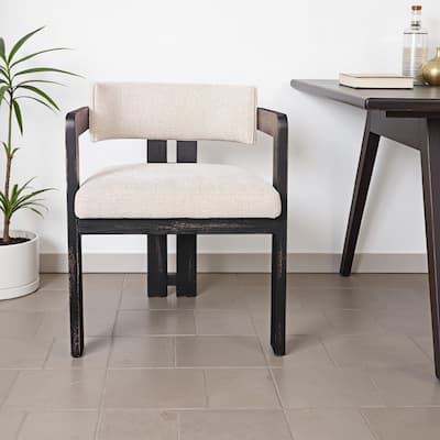 Lasy Accent Dining Chair Set of 2, White Fabric, Black Solid Wood