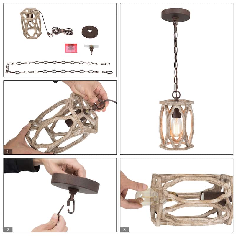 Clovy Farmhouse 1-Light Wood Lantern Pendant Lights for Kitchen Island - D6"x H 69"