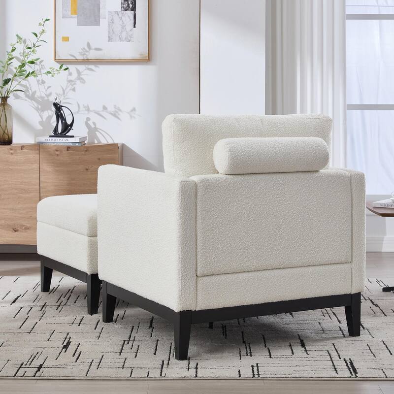 Boucle Armchair with Storage Ottoman - 300lb Capacity, Farmhouse Style