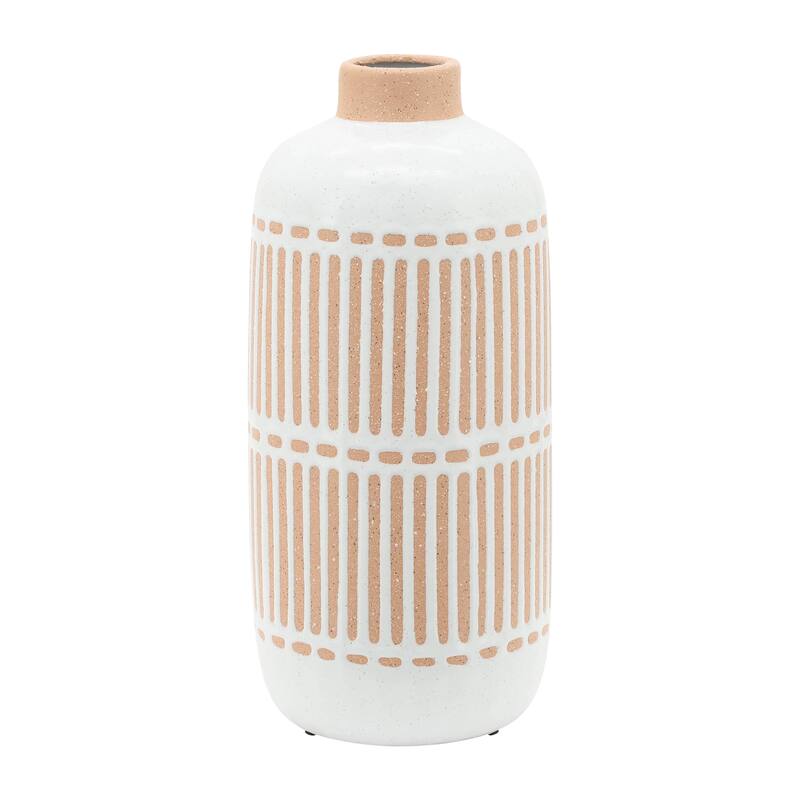 Ceramic Round Patterned Table Flower Vase - Ivory