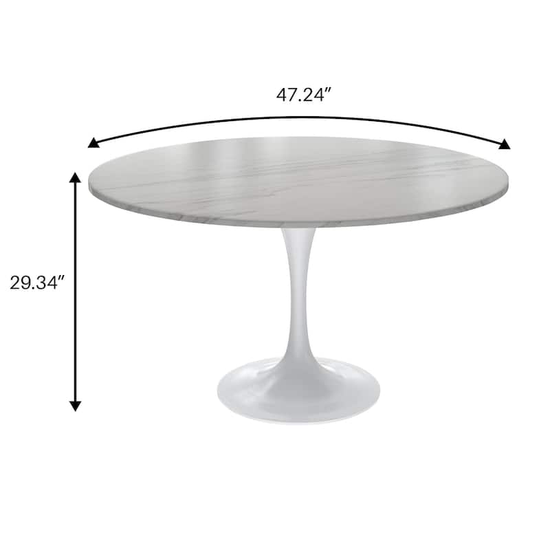 LeisureMod Verve 48" Round Dining Table with Stone TableTop and White Steel Base for Kitchen & Dining Room