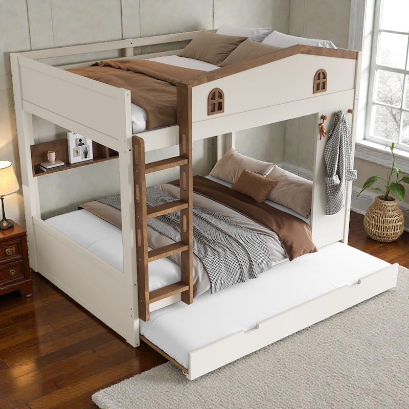 Solid Wood Bunk Bed with Trundle and Storage Shelves, Full Over Full/Queen Over Queen Bunk Bed with Hooks