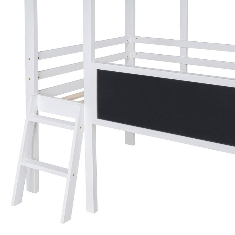 Twin Size Loft Bed with Ladder and Slid, House Bed Frame with Blackboard and Light Strip, Space-Saving Bed No Box Spring Needed