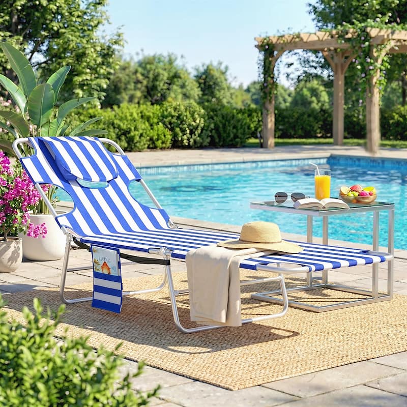 Outsunny Chaise Lounge Chair Outdoor with Face Arm Hole, 5-Position Reclining Face Down Tanning Chair with Carry Strap - Blue