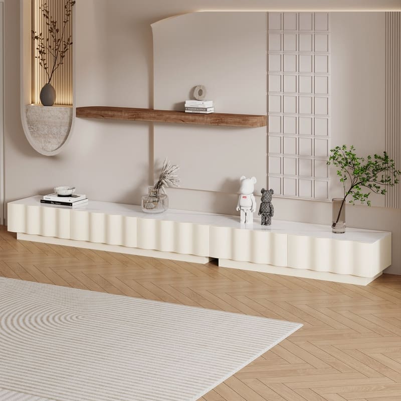 Modern Cream TV Stands with 3-6 Drawers, White Media Console with Glossy Sintered Stone Tabletop - 118.11" & 5 Drawers