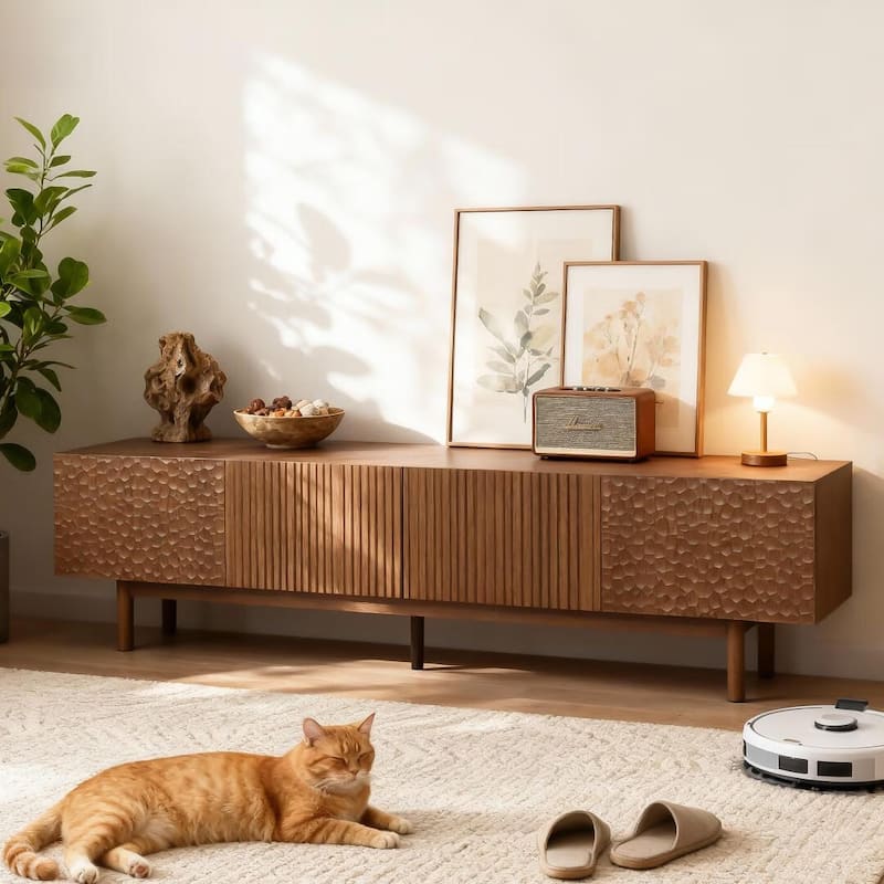 86.6'' Modern Wood TV Stand with Textured Doors & Storage, Media Console for Living Room & Bedroom, Fits TVs up to 90'' - Brown