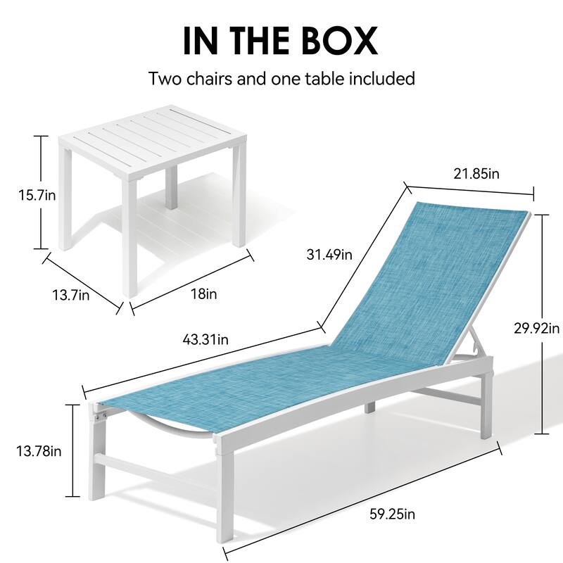 3-Piece Outdoor Loungers Patio Chaise Lounge Chairs Set with Side Table